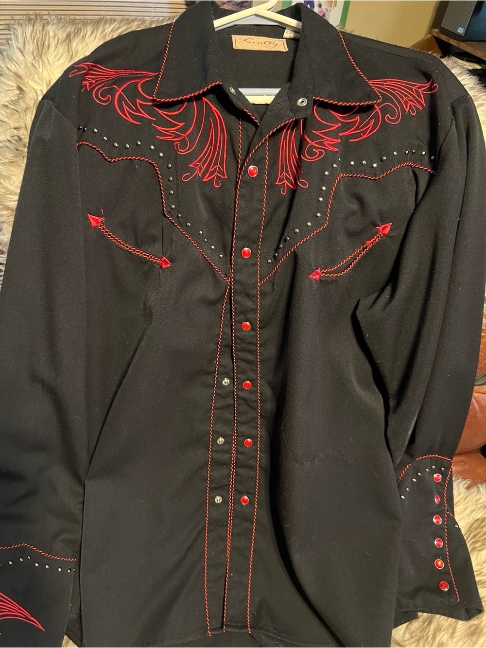 Scully Black Western Shirt with Red Embroidery and Studs PEARL BUTTONS Sz XL